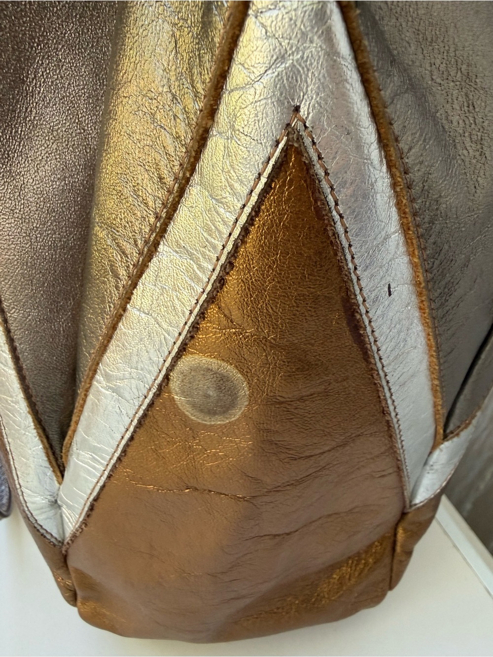 Vtg Holt Renfrew Metallic Leather Bucket Bag Italy Drawstring Patchwork 35" Y2K - Picture 6 of 13